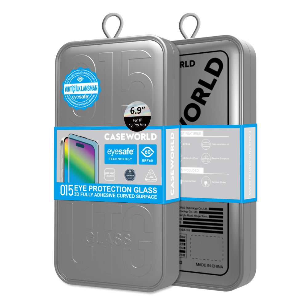 CaseWorld 3D Eyesafe iPhone 16 Pro Max Mavi Işık Teknolojili 0.15mm Temperli Cam Ekran Koruyucu + Uygulama Aparatı CaseWorld 3D Eyesafe iPhone 16 Pro Max Mavi Işık Teknolojili 0.15mm Temperli Cam Ekran Koruyucu + Uygulama Aparatı